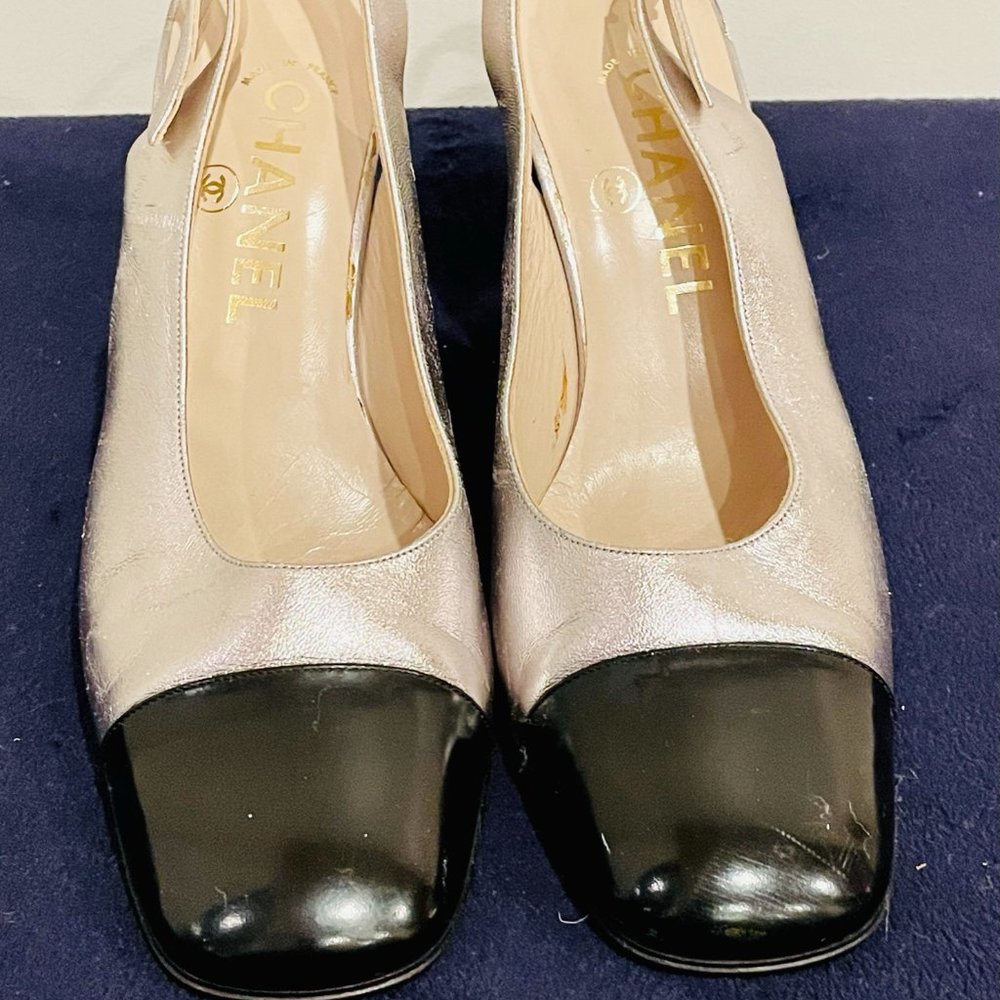 Chanel Silver Slingbacks with Black Patent Leather Toe (Sz 8)